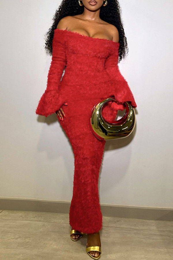 Red Elegant Solid Color Patchwork Backless Off Shoulder Long Dresses