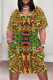 Brown Yellow Casual Geometric Print Poker Pocket Contrast V Neck Printed Plus Size Dresses