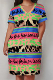 Multicolor Casual Letter Print Flowers Leopard Pocket Contrast V Neck Printed Plus Size Dresses