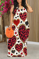 White Red Sexy Heart Pattern Leopard Contrast O Neck Printed Dresses