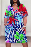 Multicolor Casual Letter Print Flowers Leopard Pocket Contrast V Neck Printed Plus Size Dresses
