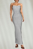 White Sexy Patchwork Hot Drilling Backless Slit Strapless Long Dresses