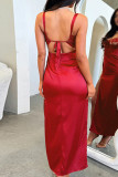 Red Celebrities Solid Color Patchwork Backless High Slit Spaghetti Strap Long Dresses