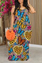 Dark Gray Casual Street Butterfly Love Print Leopard Contrast O Neck Printed Dresses