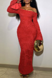 Red Elegant Solid Color Patchwork Backless Off Shoulder Long Dresses