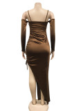 Red Sexy Solid Color Draw String Lace Up Backless Spaghetti Strap Long Dresses