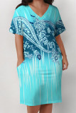 Brown Yellow Casual Geometric Print Poker Pocket Contrast V Neck Printed Plus Size Dresses
