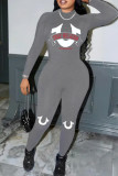 Grey Casual Letters Patchwork O Neck Skinny Jumpsuits