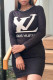 Black Casual Letters Weave Contrast O Neck Sweater Dress Dresses