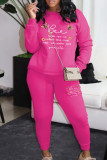 Rose Red Casual Letters Pocket Patchwork O Neck Long Sleeve Two Pieces