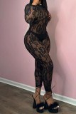 Black Sexy Solid Color Lace Patchwork Backless Pearls Decor O Neck Skinny Jumpsuits