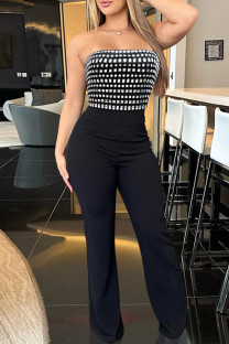 Black Casual Patchwork Backless Hot Drill Strapless Regular Jumpsuits