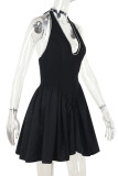 Black Elegant Solid Color Patchwork Backless Strap Design A Line Dresses