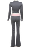 Grey Casual Solid Color Patchwork Contrast O Neck Long Sleeve Two Pieces