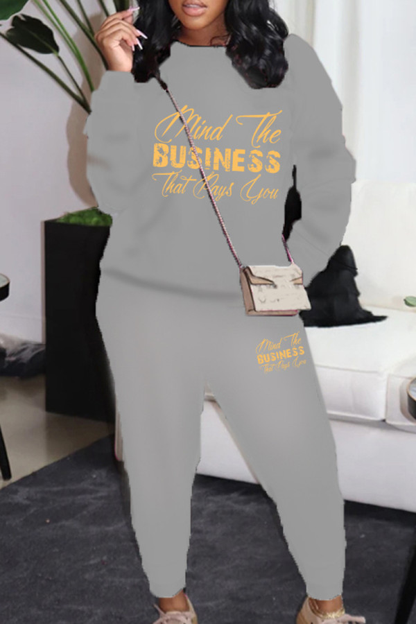 Grey Casual Print Pocket Patchwork O Neck Long Sleeve Two Pieces