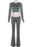 Grey Casual Solid Color Patchwork Contrast O Neck Long Sleeve Two Pieces