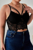Black Sexy Solid Color Lace Hollow Out Spaghetti Strap Plus Size Tops