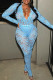 Blue Sexy Solid Color Lace Patchwork See-Through V Neck Long Sleeve Two Pieces