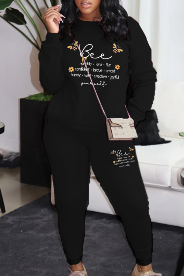 Black Casual Letters Pocket Patchwork O Neck Long Sleeve Two Pieces