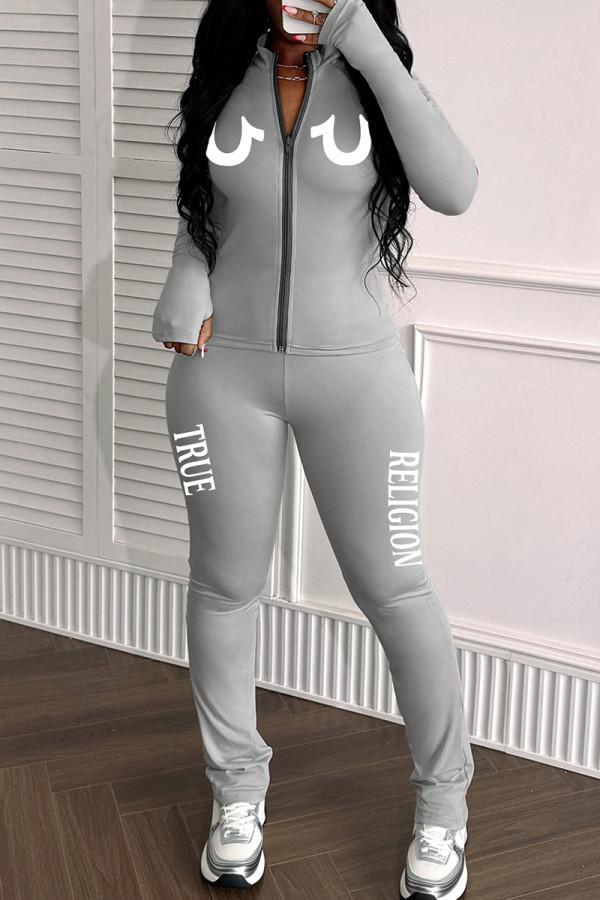 Silver Casual Letters Patchwork Zipper Zipper Collar Long Sleeve Two Pieces