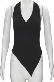 Black Sexy Solid Color Patchwork Backless Strap Design Halter Tops