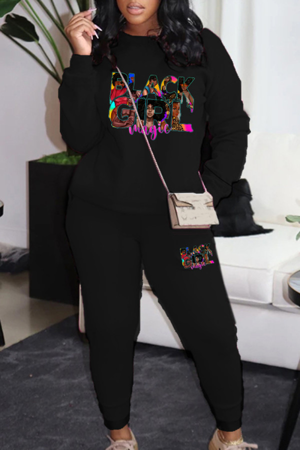 Black Casual Print Pocket Patchwork O Neck Long Sleeve Two Pieces