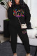 Black Casual Print Pocket Patchwork O Neck Long Sleeve Two Pieces