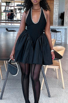 Black Elegant Solid Color Patchwork Backless Strap Design A Line Dresses