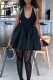 Black Elegant Solid Color Patchwork Backless Strap Design A Line Dresses