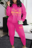 Rose Red Casual Print Pocket Patchwork O Neck Long Sleeve Two Pieces