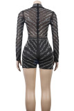 Black Casual Patchwork Hot Drill Zipper Half A Turtleneck Skinny Rompers
