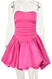Rose Red Sexy Solid Color Patchwork Backless Strapless Dresses