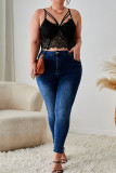 Black Sexy Solid Color Lace Hollow Out Spaghetti Strap Plus Size Tops