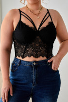 Black Sexy Solid Color Lace Hollow Out Spaghetti Strap Plus Size Tops