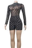 Black Casual Patchwork Hot Drill Zipper Half A Turtleneck Skinny Rompers