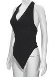 Black Sexy Solid Color Patchwork Backless Strap Design Halter Tops