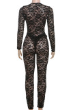 Blue Sexy Solid Color Lace Patchwork See-Through V Neck Long Sleeve Two Pieces