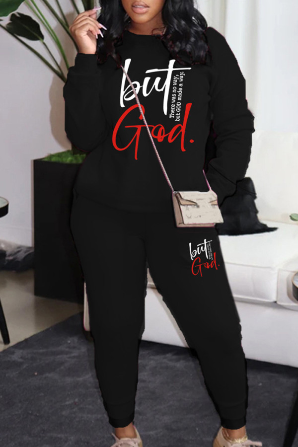 Black Casual Print Pocket Patchwork O Neck Long Sleeve Two Pieces
