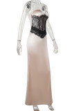 Champagne Elegant Lace Patchwork Spaghetti Strap Sling Dresses
