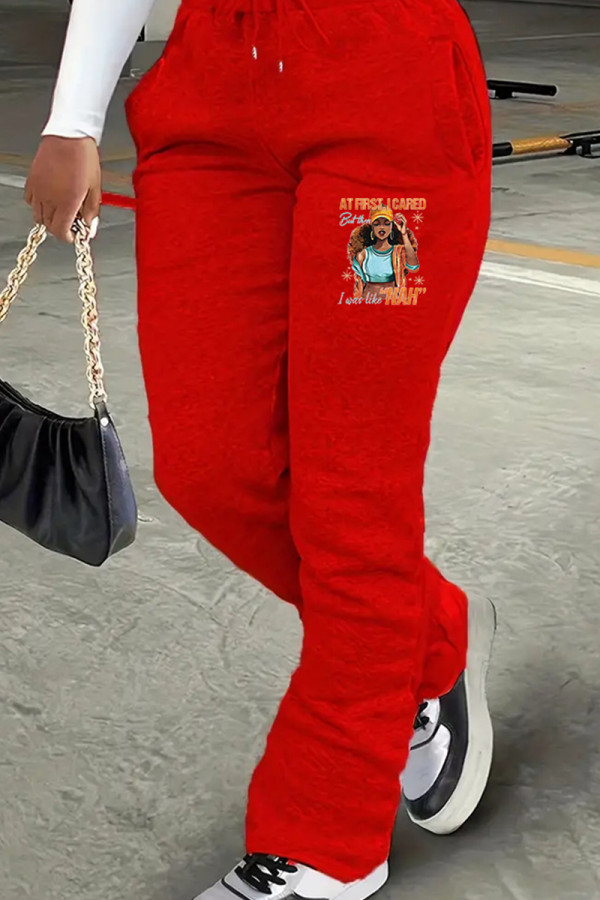 Red Casual Print Pocket Patchwork Regular Mid Waist Conventional Positioning Print Bottoms