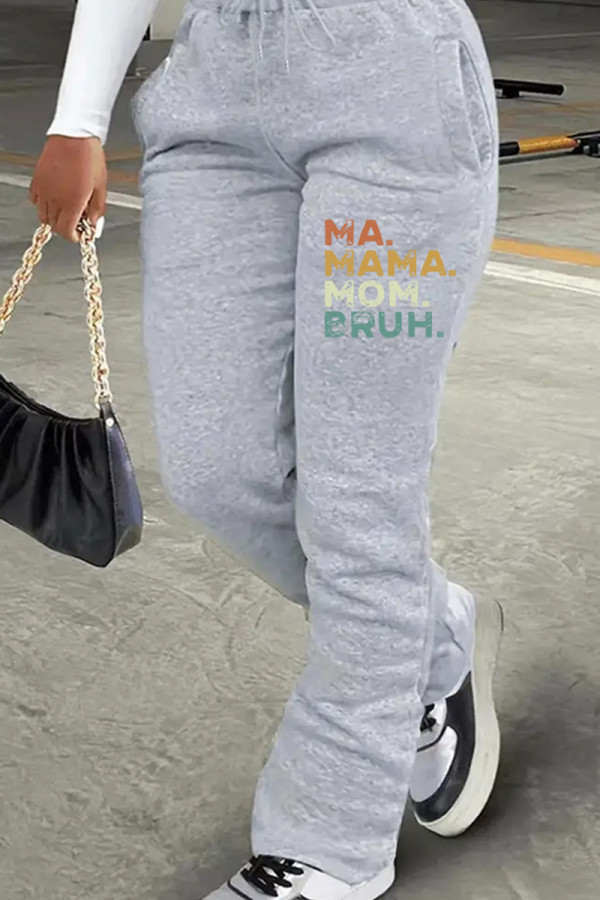 Grey Casual Print Draw String Pocket Patchwork Regular Mid Waist Conventional Positioning Print Bottoms