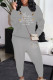 Grey Casual Letters Pocket Patchwork O Neck Long Sleeve Two Pieces