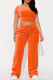 Orange Casual Solid Color Draw String Pocket Patchwork O Neck Short Sleeve Two Pieces