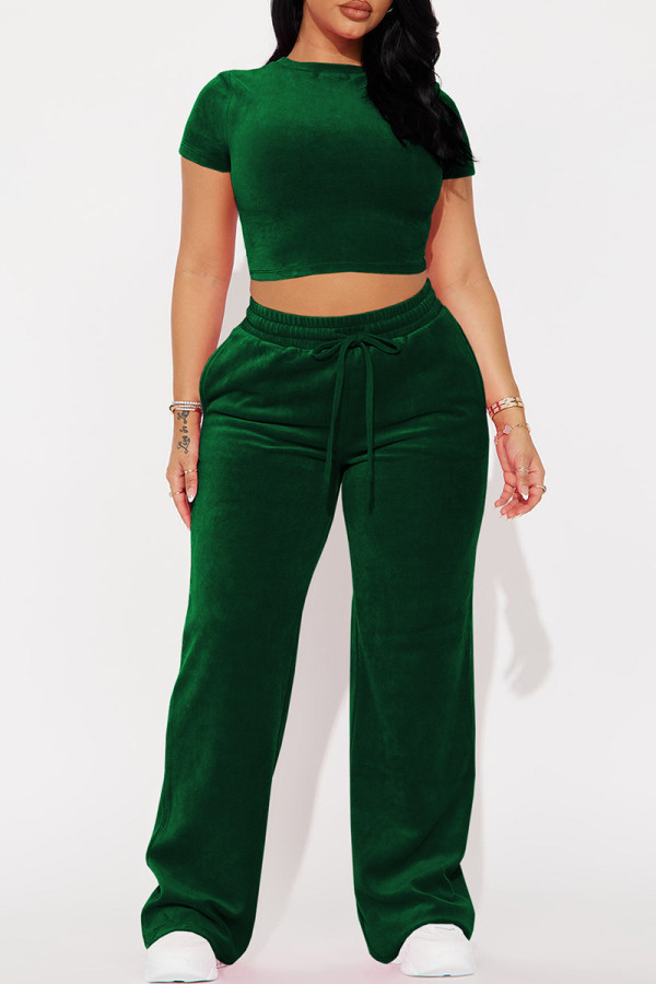 Ink Green Casual Solid Color Draw String Pocket Patchwork O Neck Short Sleeve Two Pieces