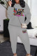 Grey Casual Print Pocket Patchwork O Neck Long Sleeve Two Pieces