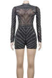 Black Casual Patchwork Hot Drill Zipper Half A Turtleneck Skinny Rompers