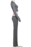 Grey Casual Solid Color Patchwork Contrast O Neck Long Sleeve Two Pieces