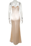 Champagne Elegant Lace Patchwork Spaghetti Strap Sling Dresses