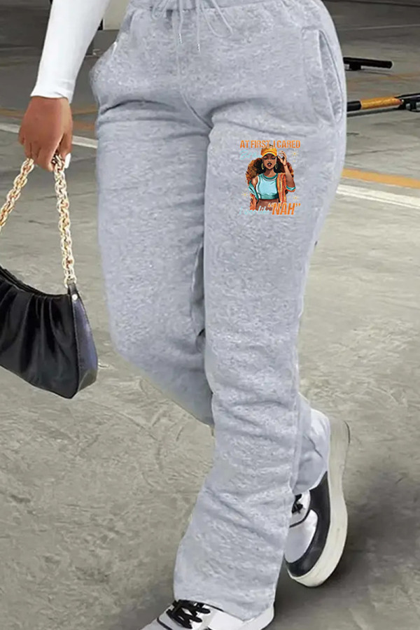 Grey Casual Print Pocket Patchwork Regular Mid Waist Conventional Positioning Print Bottoms
