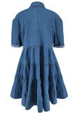 Blue Casual Solid Color Buckle Patchwork Turndown Collar Ball Gown Plus Size Dresses